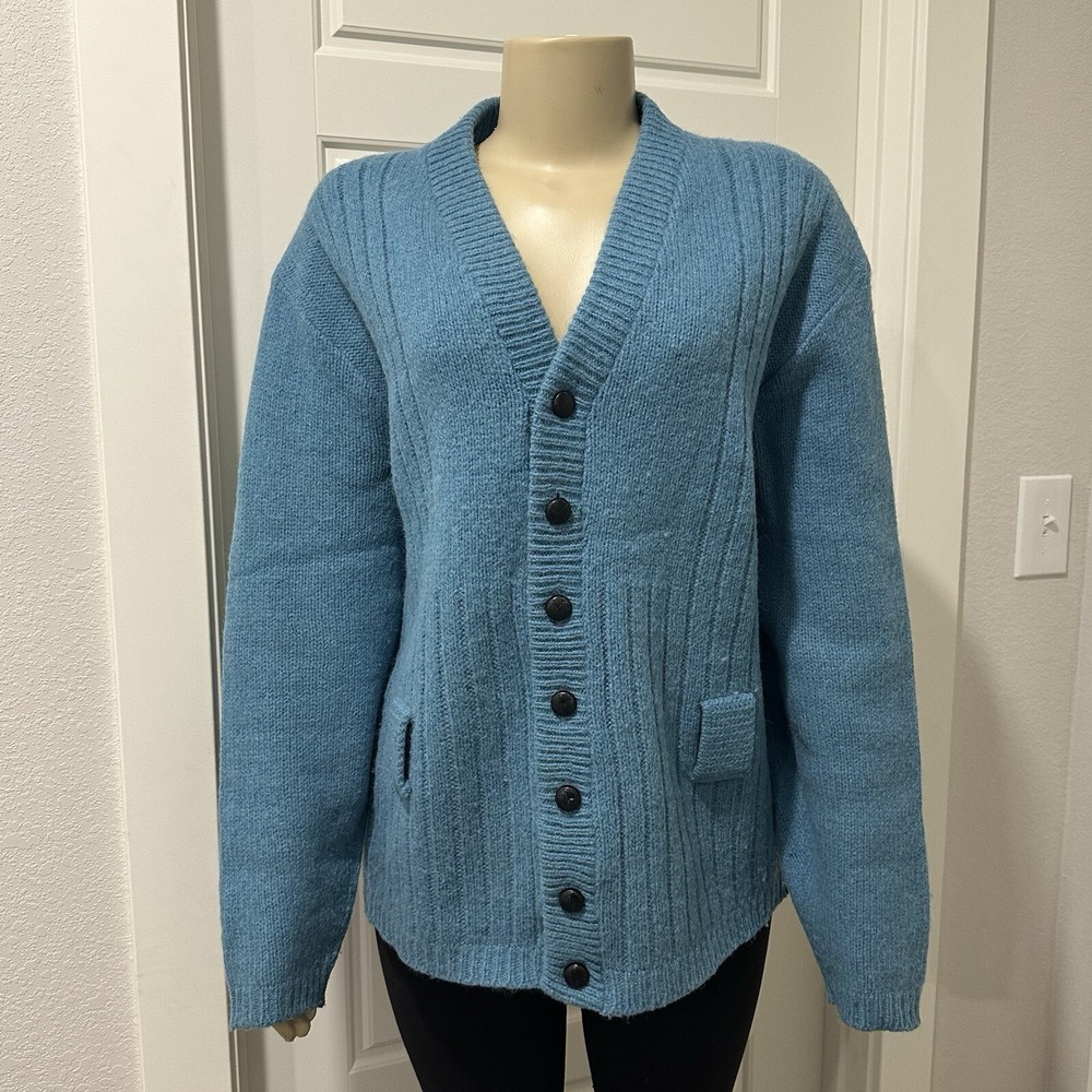 Vintage Womens Blue Fisherman Cardigan‎ Wool Blend Grandpa Core Sweater Cozy M/L